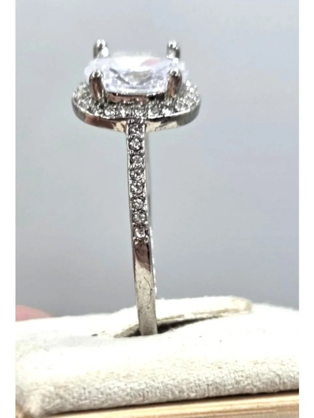 Oval Shape Faux Diamond Solitaire RIng With CZ Accents Size - 10